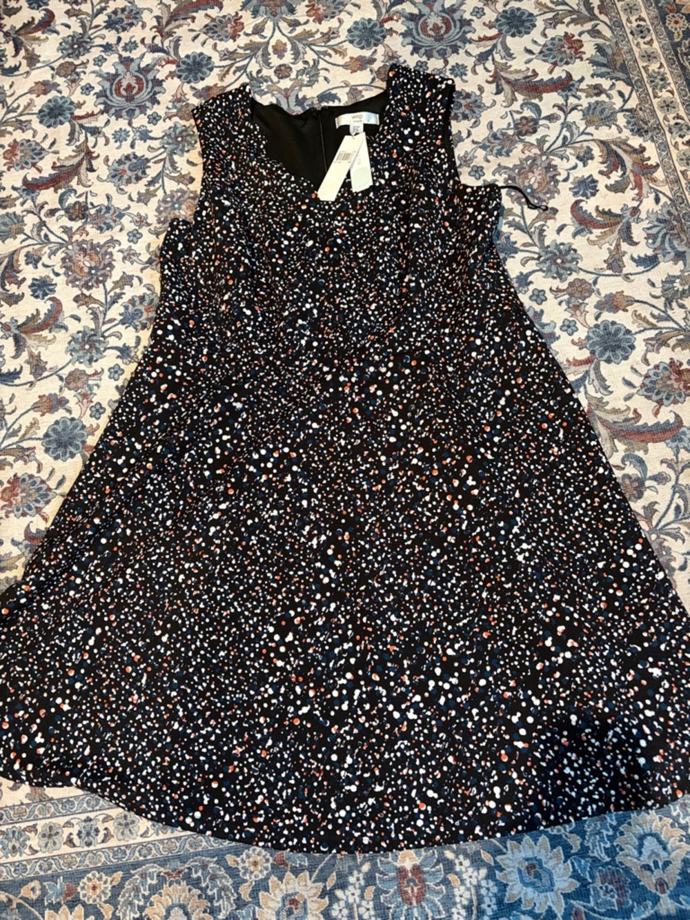 Sleeveless Black Midi Dress with White and Rust Dot Print